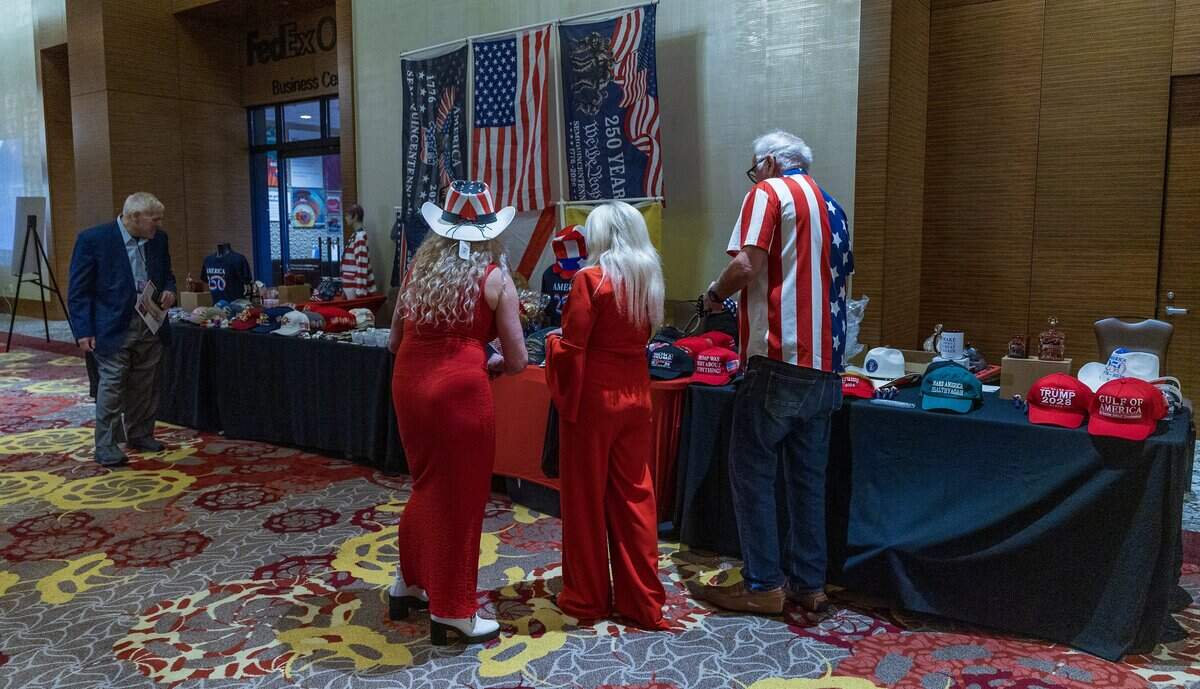 Attendees check some items for sale on display during the Republican Party of Florida Sunshine State Showdown event, at the Seminole Hard Rock Hotel & Casino in Hollywood, Florida on Saturday, June 27, 2026.