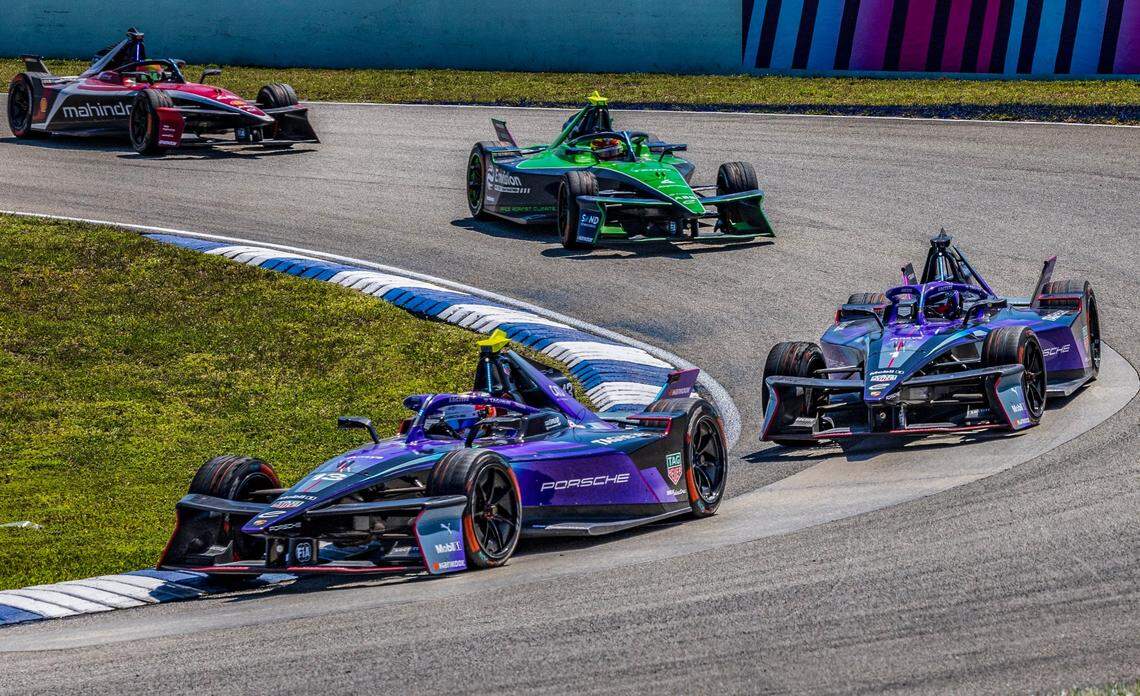 TAG Heuer Porsche’s Antonio Felix Da Costa leads teammate Pascal Wehrlein during the Miami E-Prix, Round 5 of the 2025 ABB FIA Formula E World Championship at Homestead-Miami Speedway on Saturday, April 12, 2025.