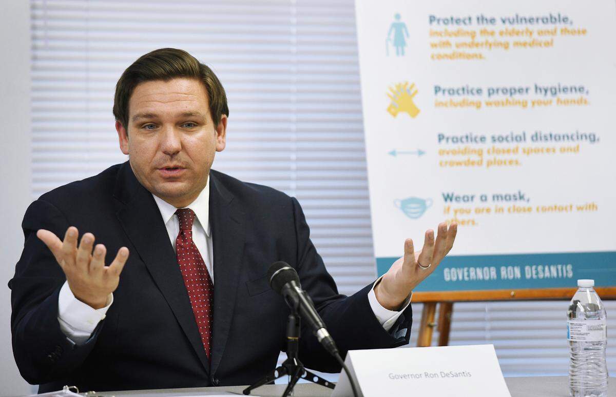 File photo of Florida Gov. Ron DeSantis during a roundtable discussion in Jacksonville on Aug. 4, 2020, when DeSantis returned to a familiar theme: protecting the state’s most vulnerable from the coronavirus.