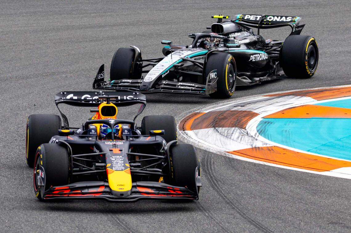 Red Bull Racing driver Max Verstappen of Netherlands leads Mercedes driver Andrea Kimi Antonelli of Italy on turn 11 during the Formula One Miami Grand Prix at the Miami International Autodrome on Sunday, May 4, 2025, in Miami Gardens, Fla.