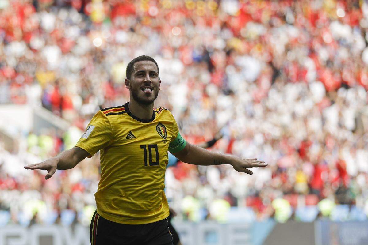 Belgium's Eden Hazard celebrates after scoring his side's fourth goal during the group G match between Belgium and Tunisia at the 2018 soccer World Cup in the Spartak Stadium in Moscow, Russia, Saturday, June 23, 2018.