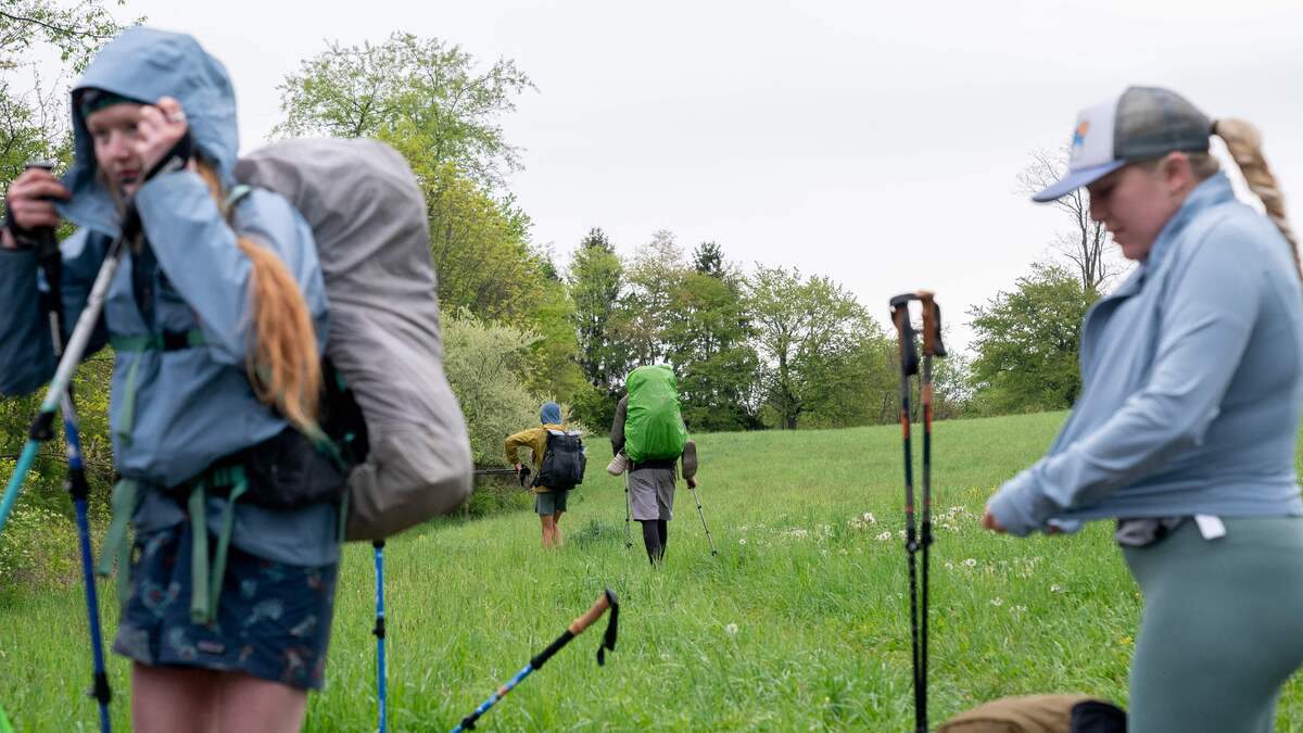 Appalachian Trail (AT) hikers depart after breakfast at Fresh Ground’s trail kitchen in Marysville, Pennsylvania, on May 3, 2023.