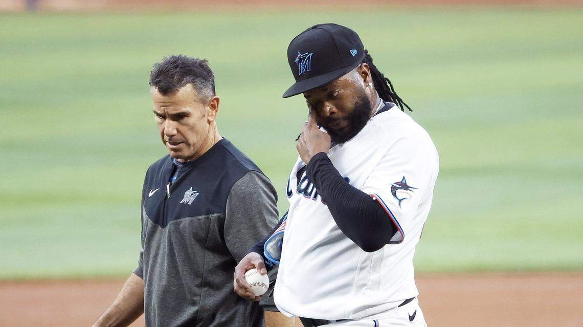 Apr 3, 2023; Miami, Florida, USA; Miami Marlins starting pitcher Johnny Cueto (47) is removed from the game against the Minnesota Twins during the second inning at loanDepot Park. Mandatory Credit: Rhona Wise-USA TODAY Sports