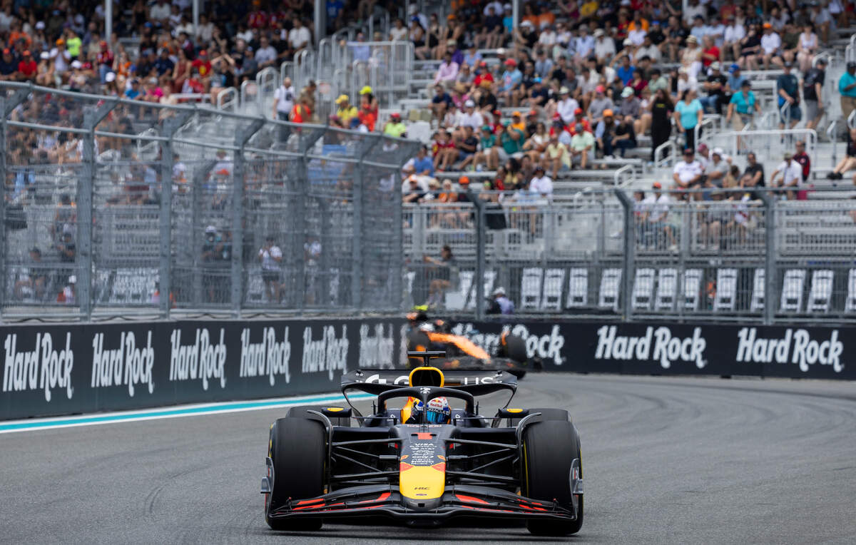 Red Bull Racing driver Max Verstappen of Netherlands takes a turn during a practice session on the first day of the Formula One Miami Grand Prix at the Miami International Autodrome on Friday, May 2, 2025, in Miami Gardens, Fla.