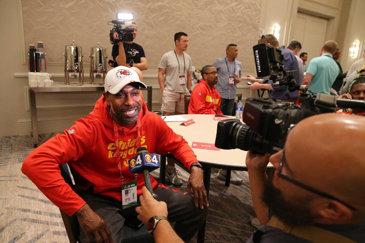 Kansas City Chiefs defensive back coach Sam Madison is interviewed by the media as they prepare to play the San Francisco 49ers in Super Bowl LVI, Aventura, Florida, January 29, 2020.