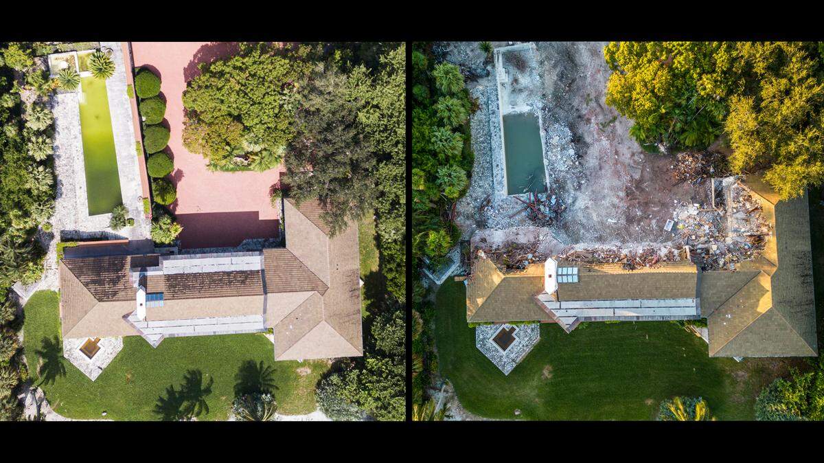 Aerial views of a 1963 Gables Estates house located at 140 Arvida Parkway in Coral Gables, Fla. The photo on the left was captured on Oct. 3, 2023, and the photo of the right was taken on Nov. 9, 2023.. The house, which was built by architect Alfred Browning Parker, is now being torn down.