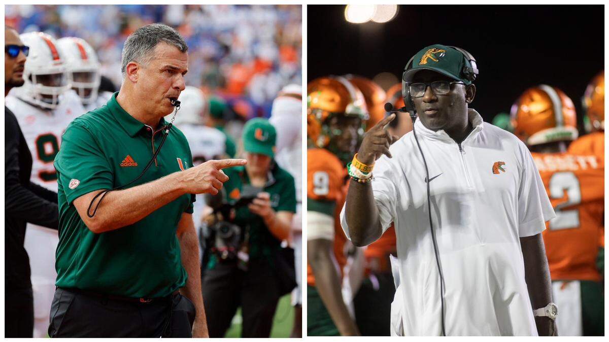 Miami Hurricanes coach Mario Cristobal (left) and FAMU Rattlers coach James Colzie III (right) have a friendship that has spanned decades.