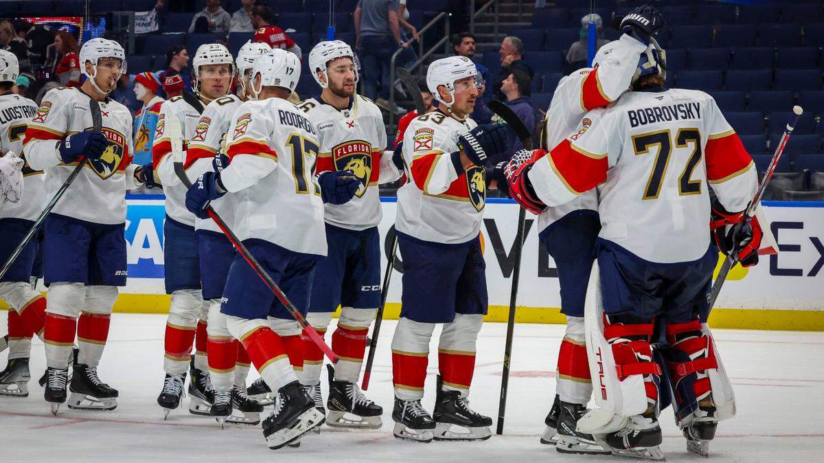 Florida Panthers celebrate their 6-2 win over the Tampa Bay Lightning in Game 1 in the first round of the Stanley Cup Playoffs Tuesday, April 22, 2025 in Tampa.