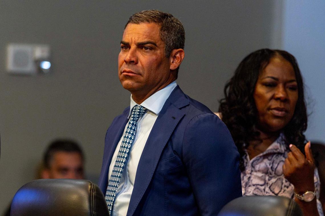 City of Miami Mayor Francis Suarez looks on before the start of a City Commission meeting on Tuesday, June 17, 2025, in Miami.