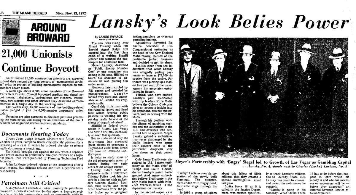 A Nov. 13, 1972, Miami Herald article on Meyer Lansky at a time when the U.S. government was trying to convict the accused mobster on federal tax evasion charges in Miami, Florida.