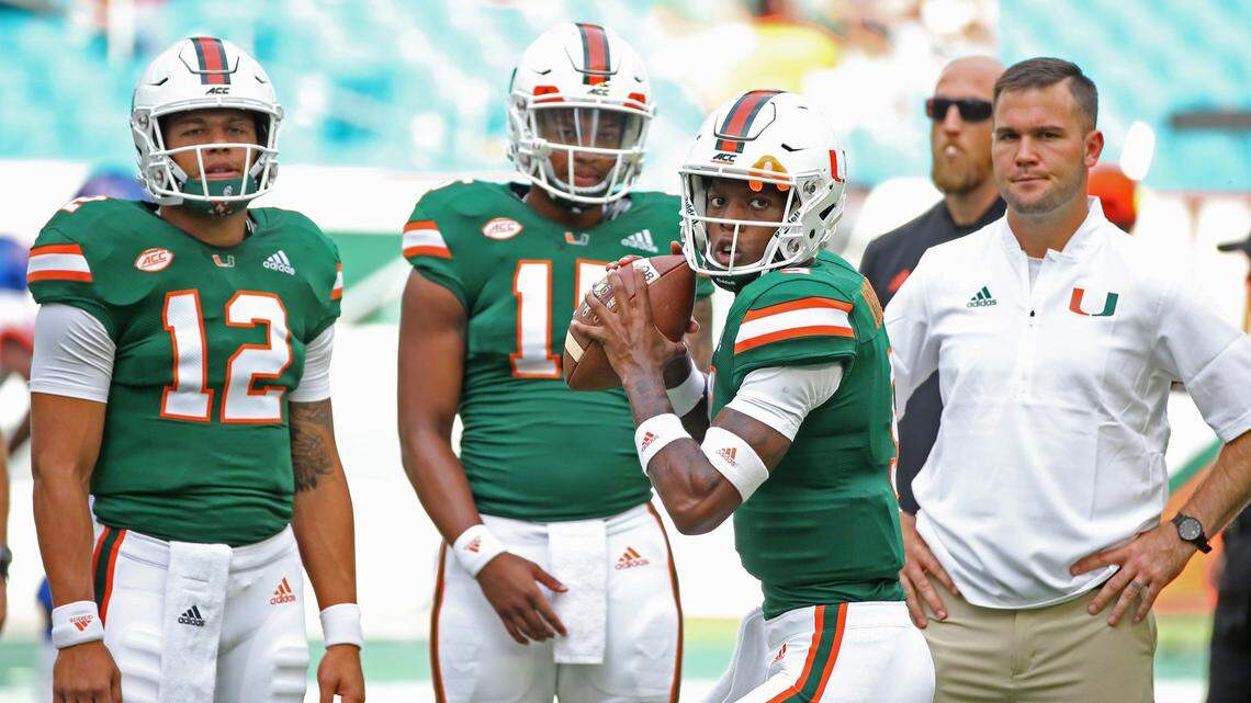 Miami Hurricanes quarterback N’Kosi Perry (5) warms up as the University of Miami hosts Savannah State at Hard Rock Stadium in Miami Gardens on Saturday, September 8, 2018.