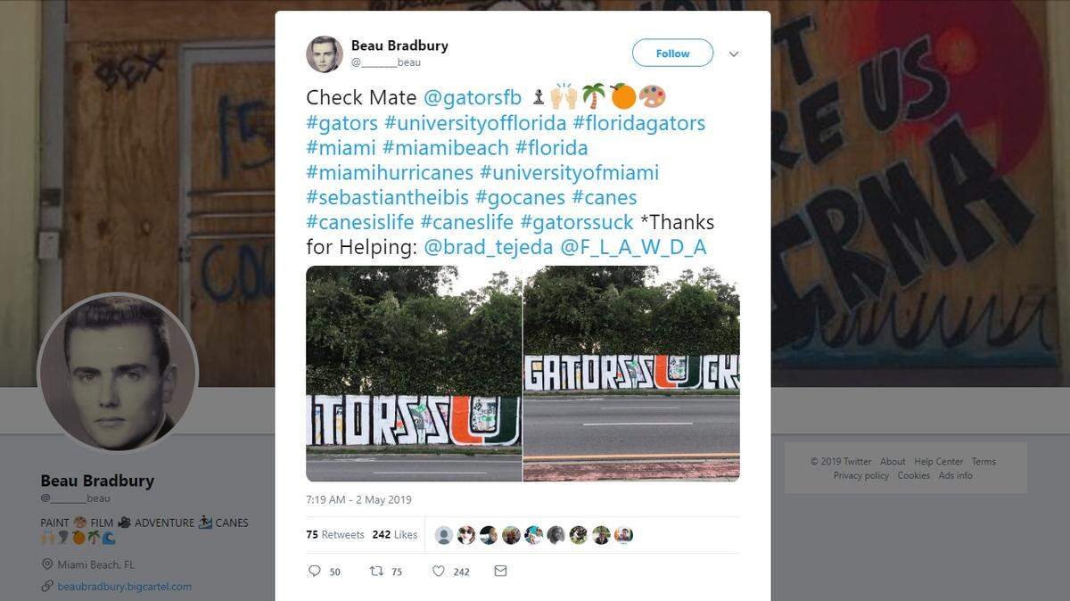 Miami fans trolled the Florida Gators with a painted sign on the graffiti wall in Gainesville more than three months before the two teams open the 2019 college football season in Orlando.