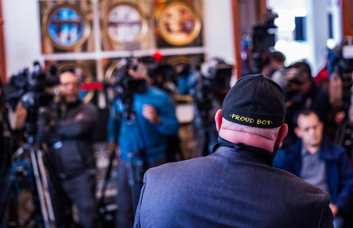 A proud Boy member is seen during the former Proud Boy leader Enrique Tarrio’s first press conference, after being released from a federal prison by President Donald Trump under a executive order last Monday, at Las Vegas Cuban Cuisine Restaurant in Doral, on Friday, January 24, 2025.