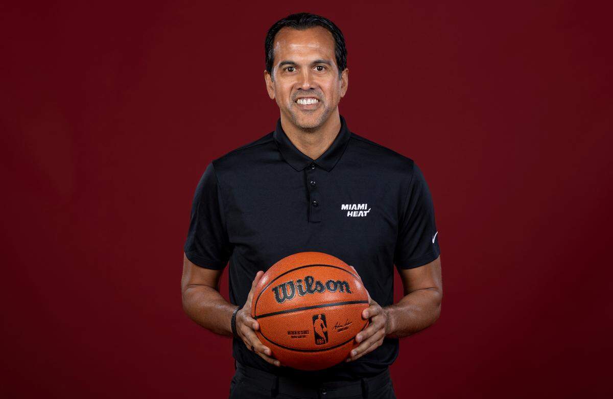 Miami Heat head coach Erik Spoelstra is photographed during team Media Day at the Kaseya Center on Monday, Oct. 2, 2023, in Miami, Fla.