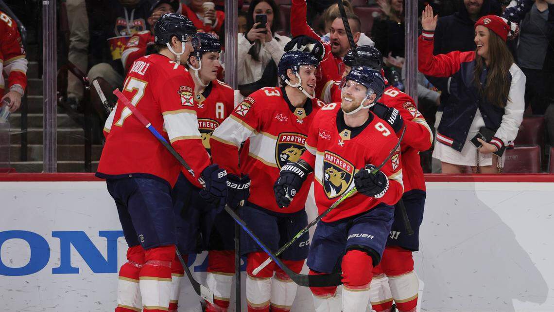 Dec 23, 2023; Sunrise, Florida, USA; Florida Panthers center Sam Bennett (9) looks on after scoring against the Vegas Golden Knights during the second period at Amerant Bank Arena. Mandatory Credit: Sam Navarro-USA TODAY Sports