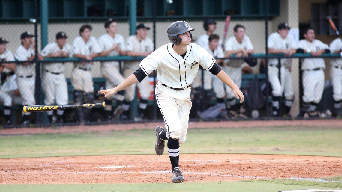Connor Scott watches his solo home run fly out of the park during a Class 8A, District 5 semifinal May18, 2018, against Steinbrenner.