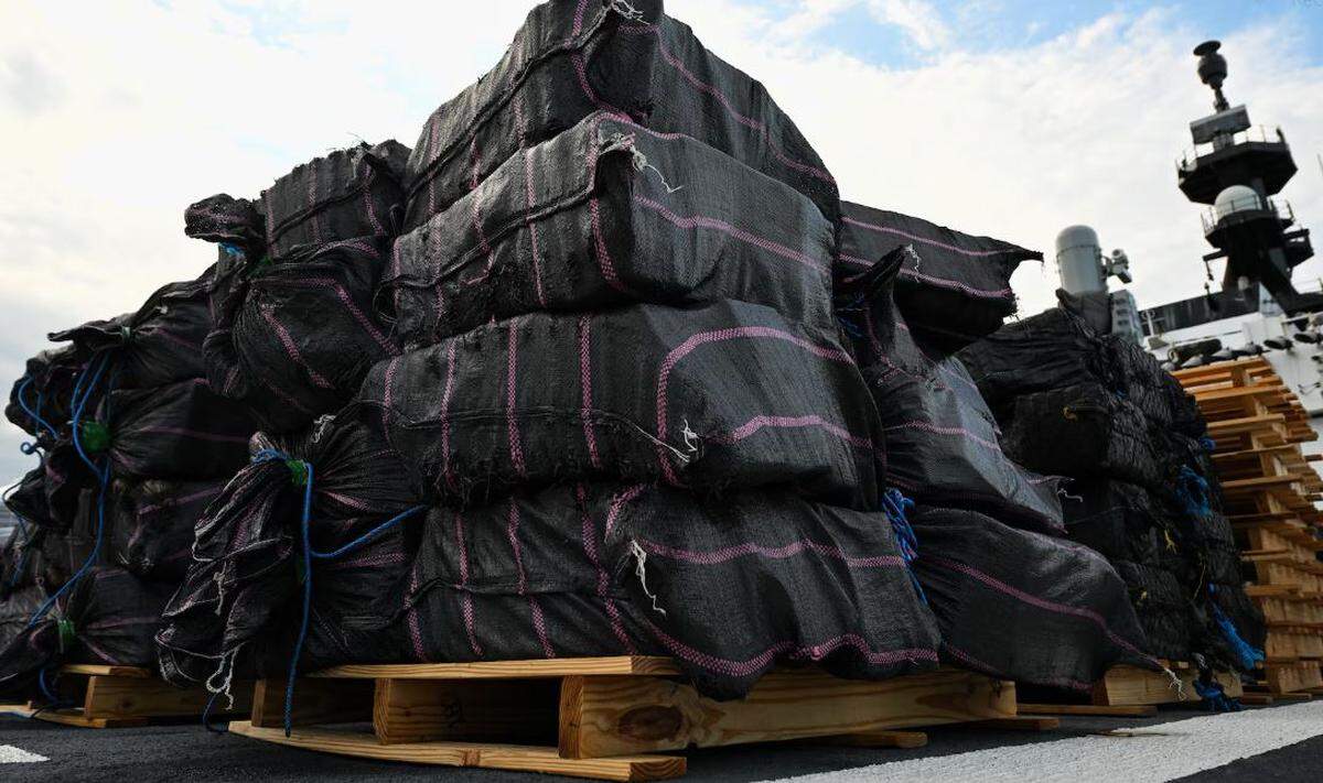 Bales of cocaine and marijuana are stacked onf the deck of the Coast Guard Cutter James in Port Everglades Wednesday, April 9, 2025. The James’ crew offloaded more than 44,550 pounds of cocaine and 3,880 pounds of marijuana valued at approximately $509.9 million that was intercepted in the international waters of the Eastern Pacific Ocean.