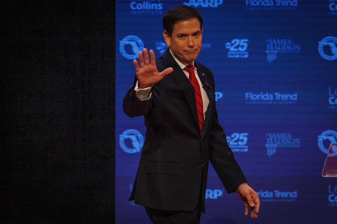 Sen. Marco Rubio, R-Fla., enters the stage before his debate with U.S. Rep. Val Demings, D-Fla., at Duncan Theater on the campus of Palm Beach State College in Palm Beach County, Fla., on Tuesday, Oct. 18, 2022.