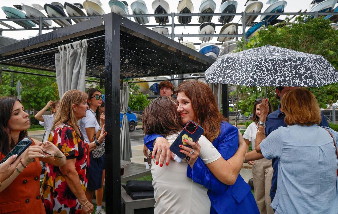 Melissa Fernandez, the mom of boating accident victim, Luciana “Lucy” Fernandez, greets family and friends during a press conference commemorating Lucy’s Law, which toughened penalties in boat accidents with serious injuries. The law went into effect on July 1, 2025. The event was at the Bayshore Club in Miami, Florida, on Wednesday, July 2, 2025.