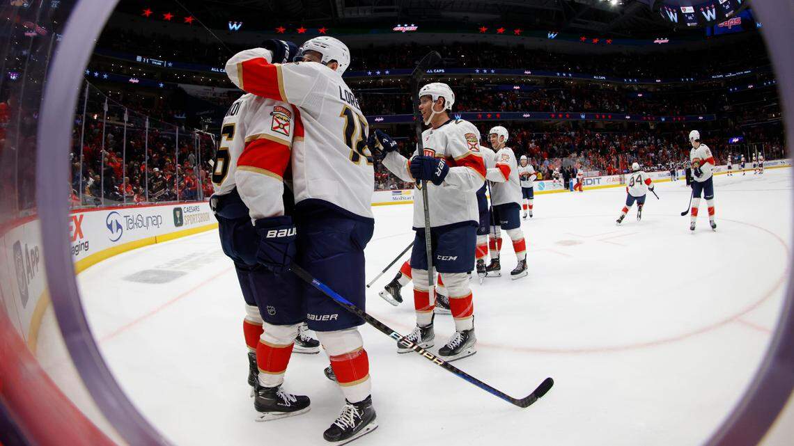 Nov 8, 2023; Washington, District of Columbia, USA; Florida Panthers players celebrate after a game winning goal by Florida Panthers center Sam Reinhart (not pictured) against the Washington Capitals at Capital One Arena. Mandatory Credit: Geoff Burke-USA TODAY Sports