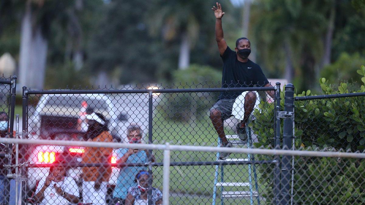 Fans watch Chaminade-Madonna play Champagnat Catholic at Chaminade-Madonna College Preparatory School, Hollywood, Florida, Friday, September 11, 2020.
