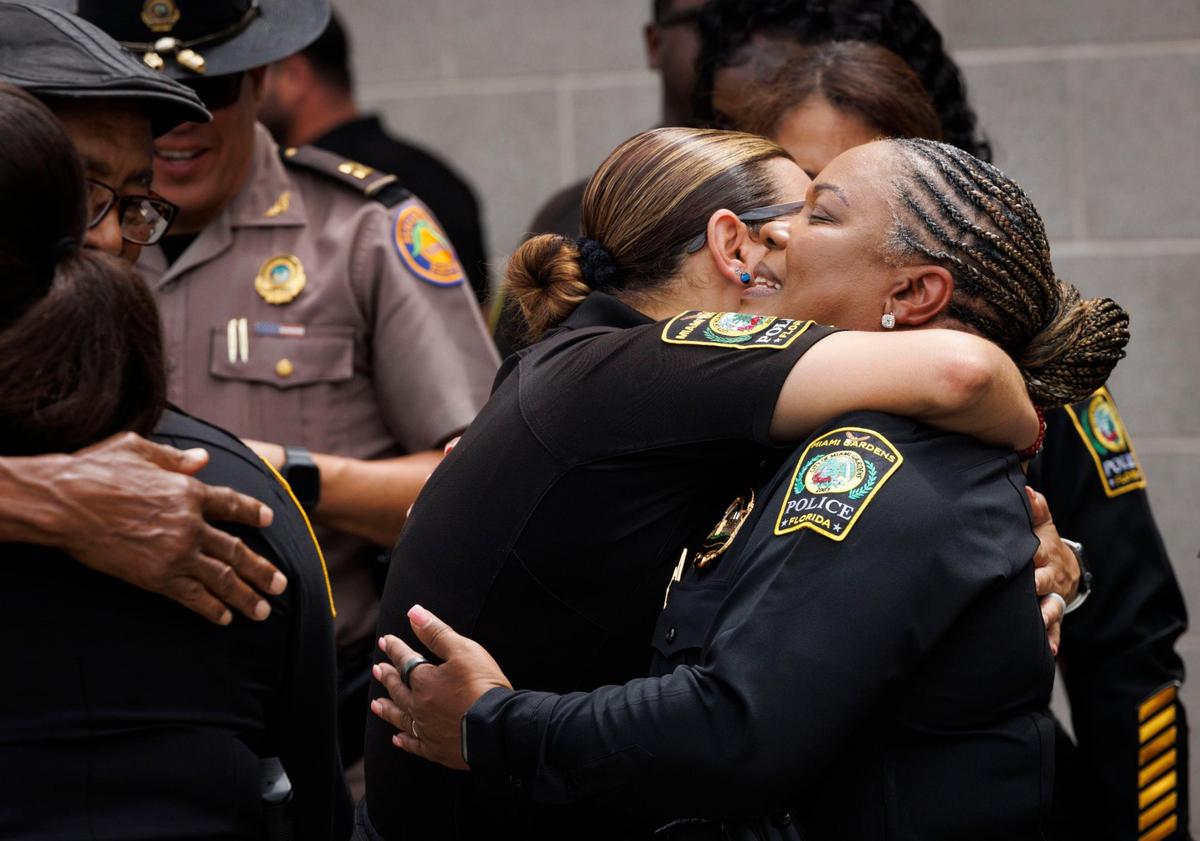 Miami Gardens Police Chief Delma Noel-Pratt hugs supporters after a press conference addressing recent allegations in response to the lawsuit involving five officers on Thursday, July 17, 2025 outside the Miami Gardens Police Department in Miami Gardens, Fla.