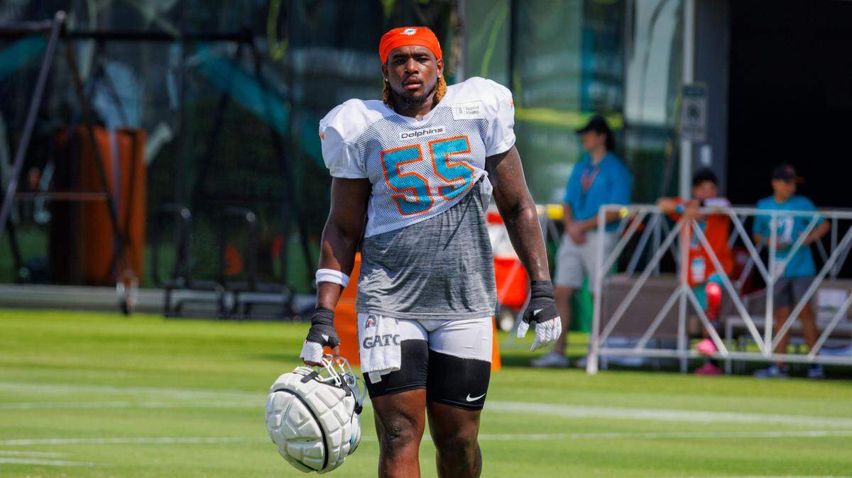 Miami Dolphin’s offensive lineman Aaron Brewer (55) walks off the field during Miami Dolphins Training Camp on Monday, July 29, 2024, at Baptist Health Training Complex in Miami Gardens.