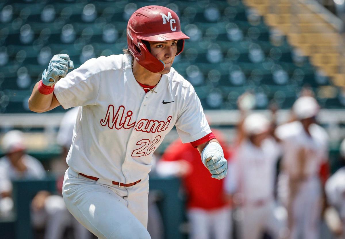 Miami Christian Victors first baseman Alejandro Abreut (22) reacts after hitting a single in the second brings in Fabio Peralta (17) to score against Orlando First Academy Royals baseball in FHSAA Class 2A state baseball semifinal at Hammond Stadium in Fort Myers, Florida on Monday, May 20, 2024.