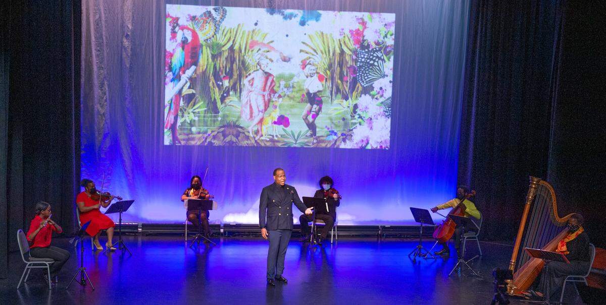 The ensemble performing “Sacred Fire, Here’s One,” by William Grant Still, at the Sandrell Rivers Theatre in Miami. Performers from left to right: Grace Bush, cello; Victoria Joseph, violin; Lakeisha Frith, violin; Mario Rivera, viola; Benjamin Bush, cello; Angel Refuse, baritone vocalist; Crystal Sawyer, harp.