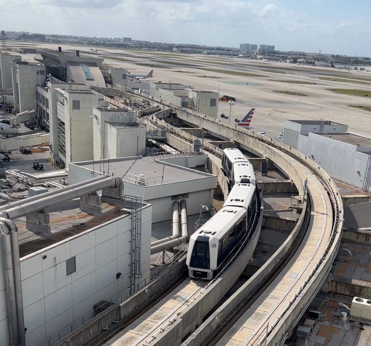The automated Skytrain runs on tracks above Concourse D at Miami International Airport.