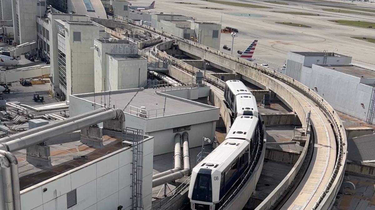 The automated Skytrain runs on tracks above Concourse D at Miami International Airport.