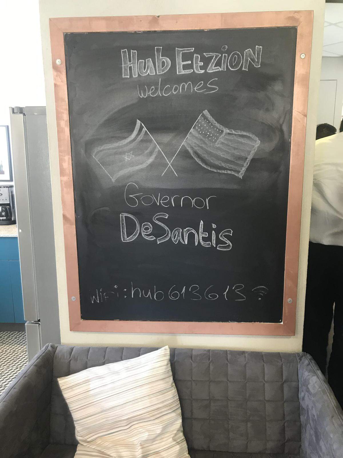 A sign in the West Bank settlement of Gush Etzion welcomes Gov. Ron DeSantis and the Florida delegation.