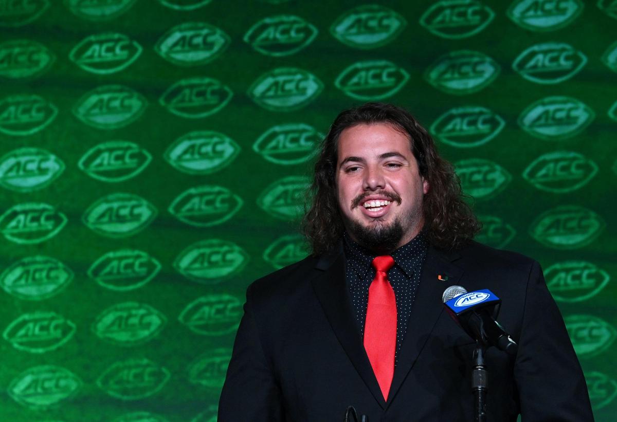 Miami Hurricanes offensive lineman Matt Lee during the first day of the 2023 ACC Football Kickoff event in Charlotte, NC on Tuesday, July 25, 2023.