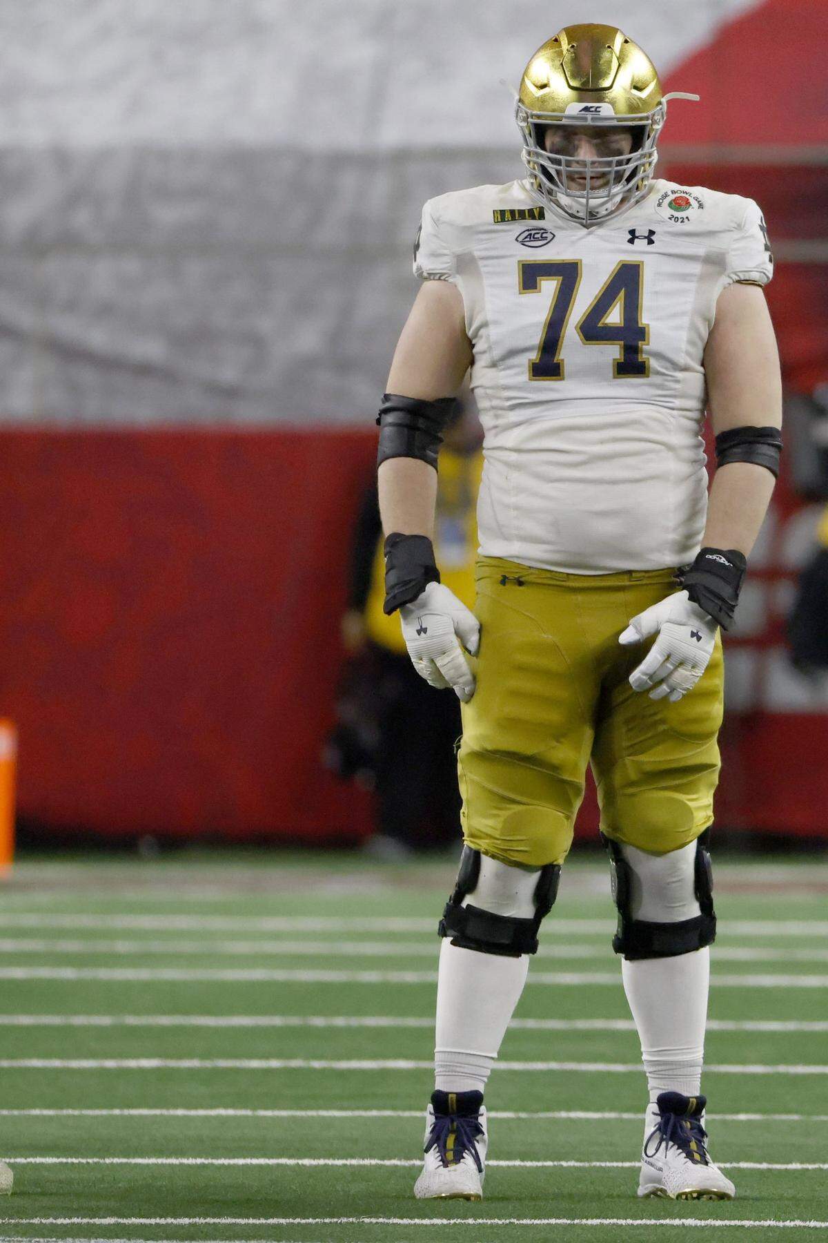 Notre Dame offensive lineman Liam Eichenberg (74) against Alabama during the Rose Bowl NCAA college football game in Arlington, Texas, Friday, Jan. 1, 2021. (AP Photo/Ron Jenkins)