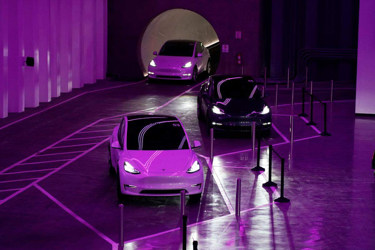 Teslas park in the Las Vegas Convention Center Loop, an underground tunnel developed by Elon Musk’s The Boring Company, Tuesday, June 8, 2021, in Las Vegas.