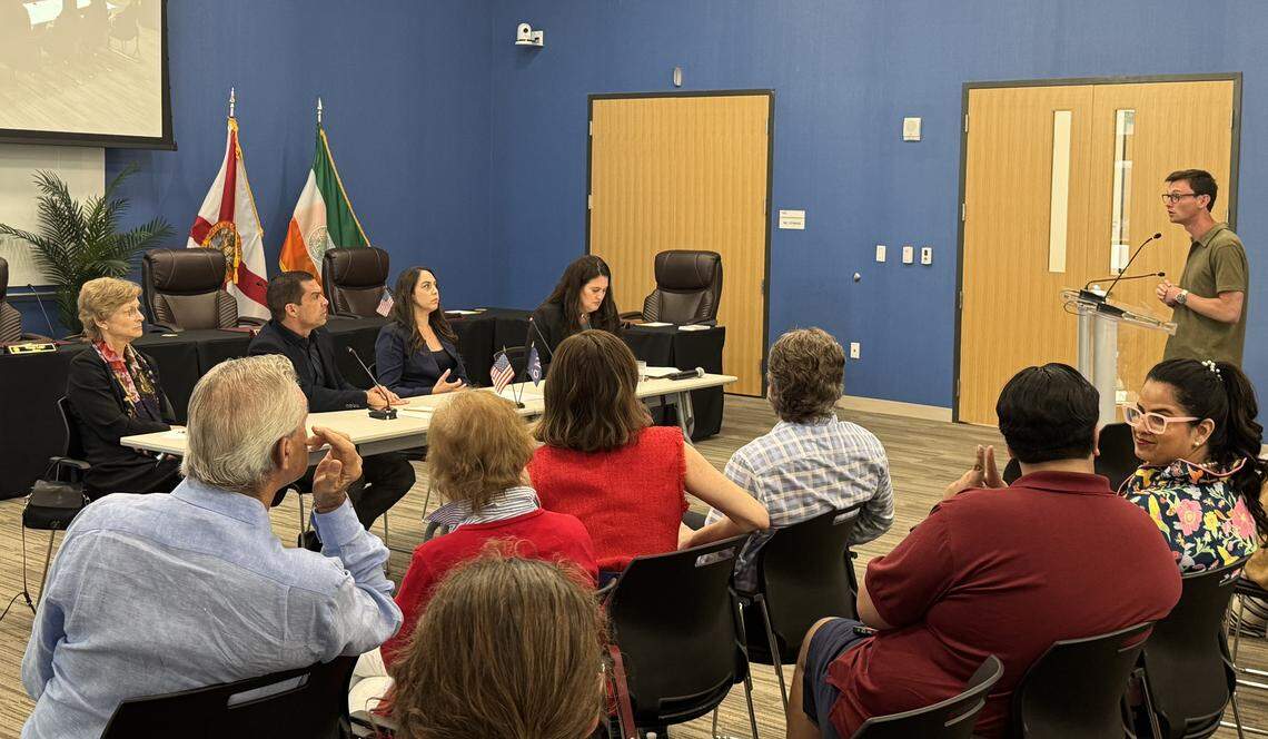 Coral Gables resident Nicolas Cabrera speaks during a town hall in the city’s public safety building on Monday, March 9, 2026. Coral Gables Mayor Vince Lago, who hosted the town hall, was joined by Vice Mayor Rhonda Anderson, Miami-Dade County Commissioner Natalie Milian Orbis and Coral Gables City Attorney Cristina Suarez to discuss ballot questions that will appear in the upcoming vote-by-mail elections.