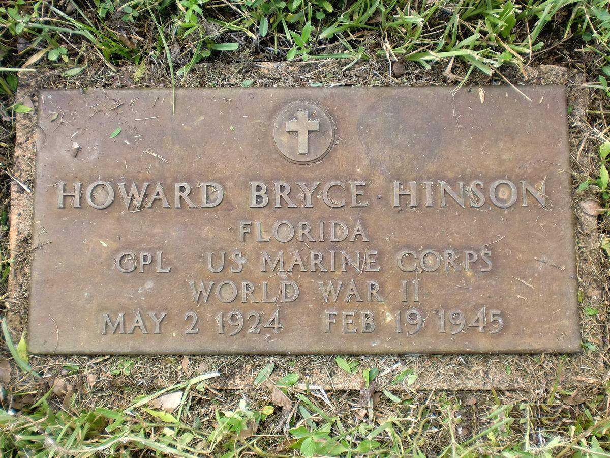 Gravesite marker of Marine Cpl. Howard Hinson, who died in the Battle of Iwo Jima during World War II. He is buried in Southern Memorial Park in North Miami.