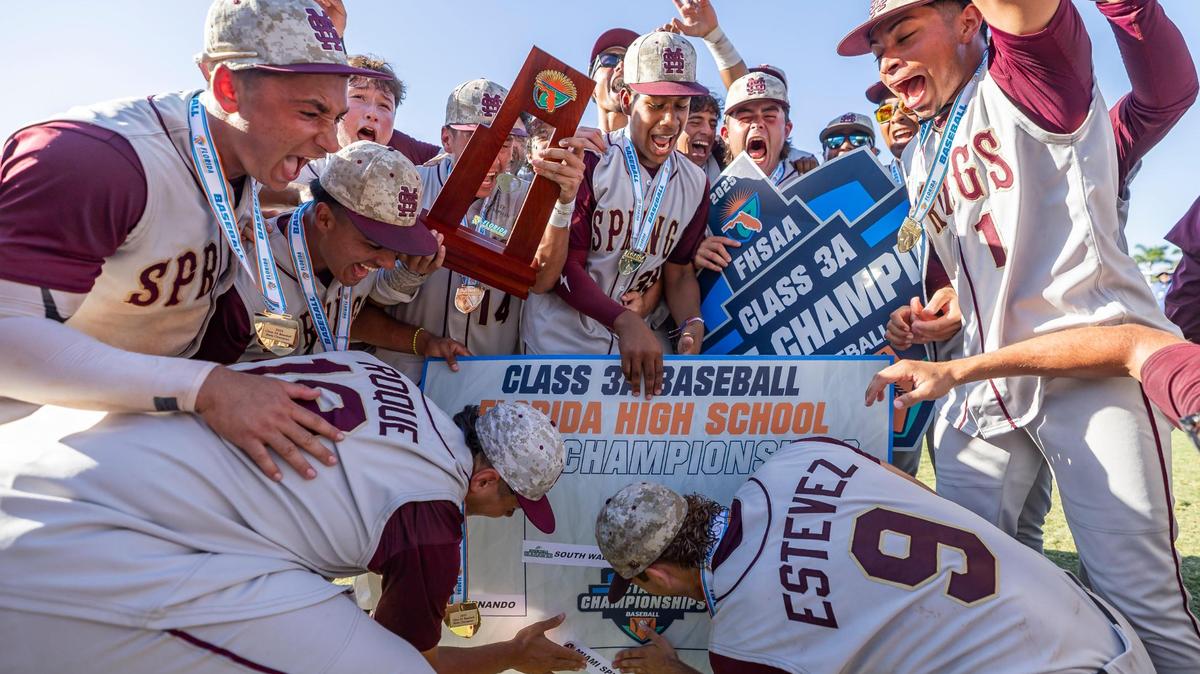 Miami Springs Golden Hawks celebrate after defeating the South Walton Seahawks in their Class 3A state baseball championship game at Hammond Stadium on Tuesday, May 20, 2025, in Fort Myers, Fla.