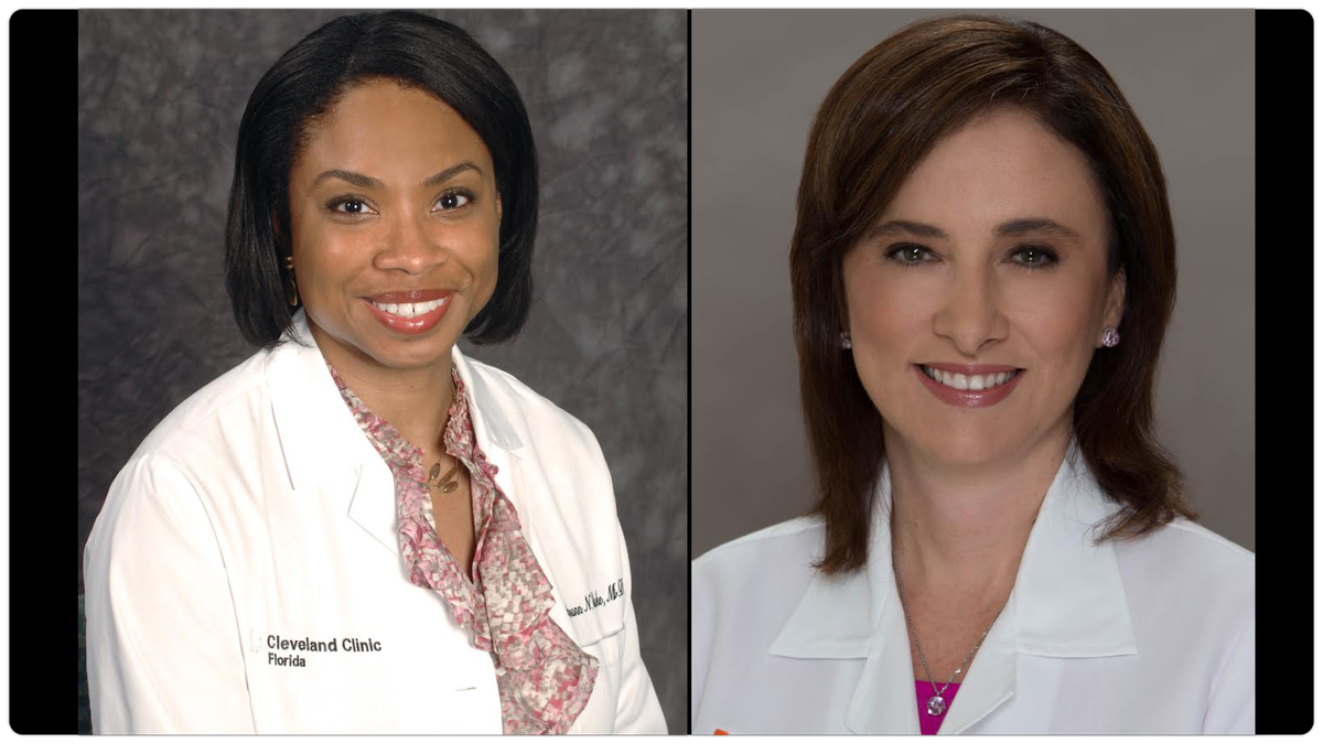 (De izquierda a derecha) La doctora Cassann Blake, cirujana de oncología mamaria del centro en Weston de Cleveland Clinic, y la doctora Alejandra Pérez, oncóloga médica de mama del Sylvester Comprehensive Cancer Center
