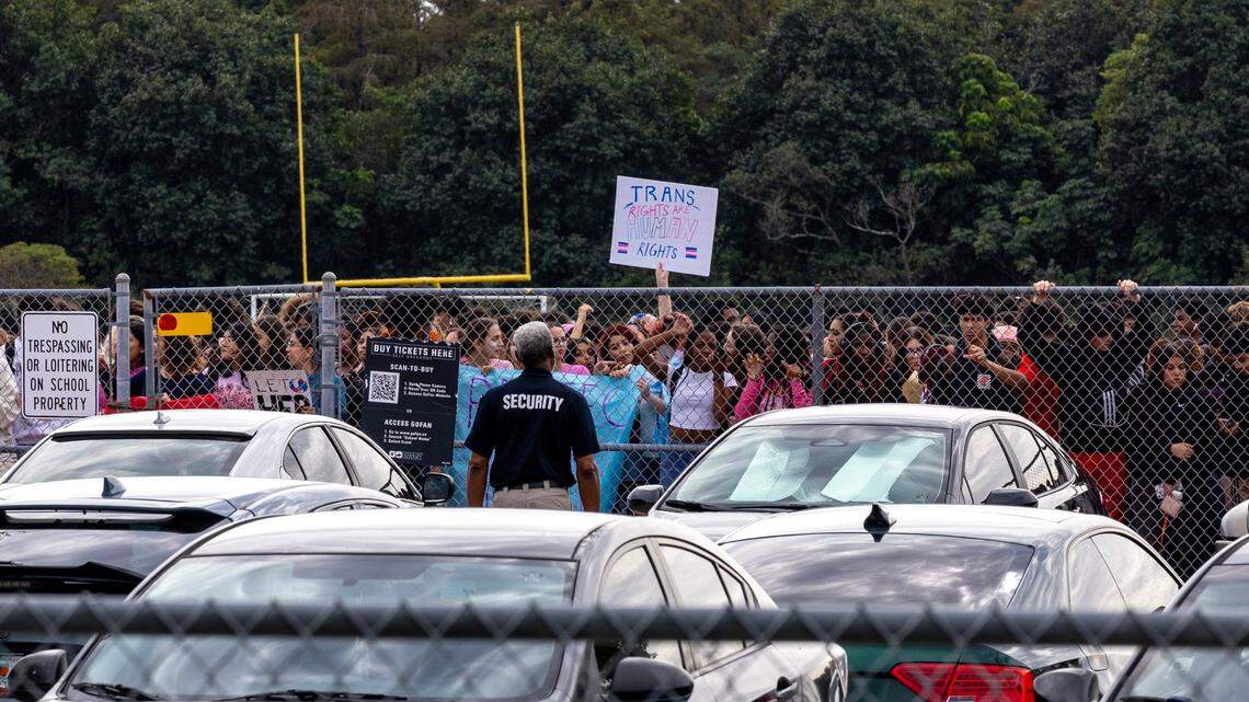 Monarch High School students conduct a walkout on Tuesday, Nov. 28, 2023 after the principal, James Cecil, and other staff members were removed from their positions pending an investigation. The reassignments occurred because a female transgender student had been playing volleyball at the school in Coconut Creek, Florida.