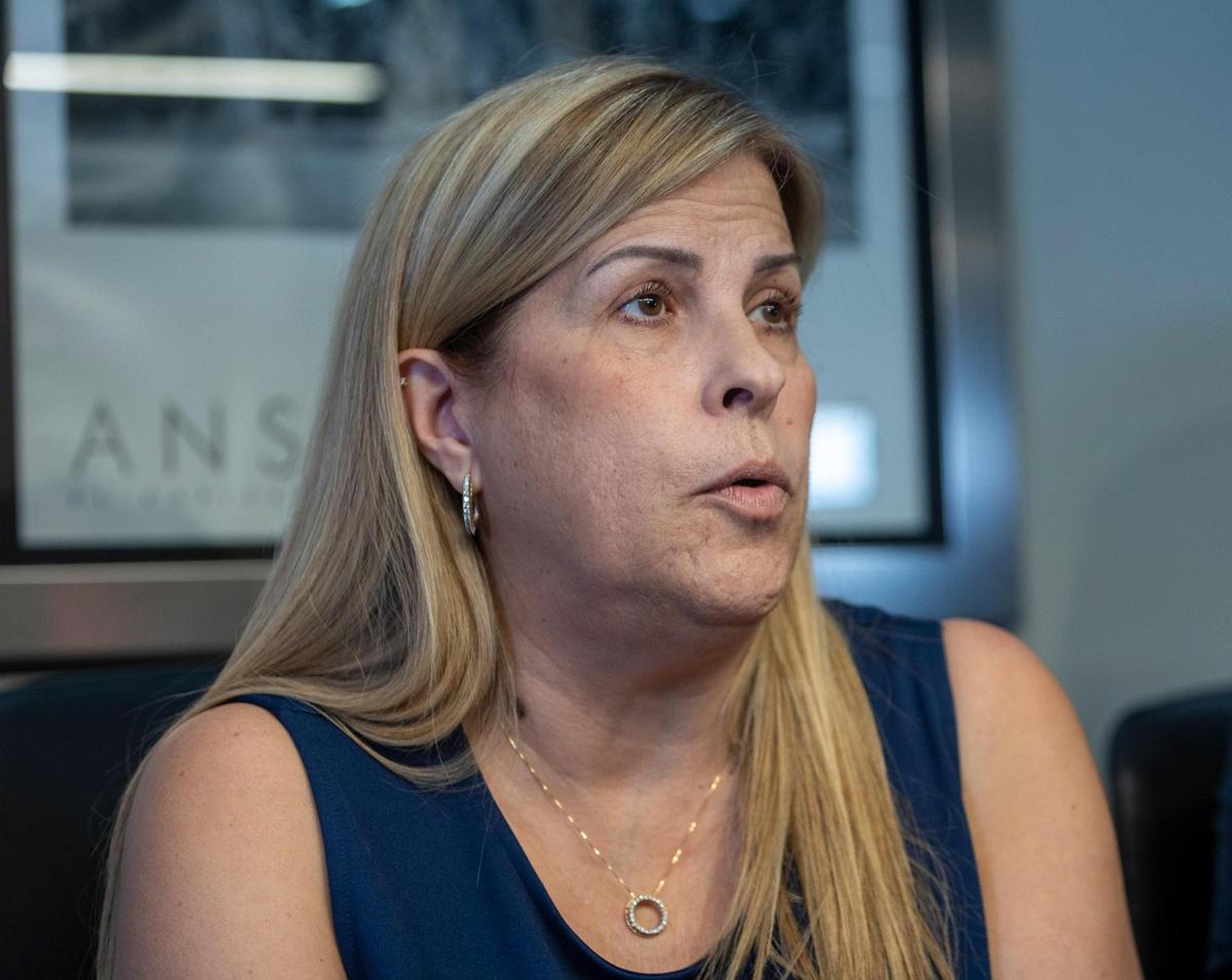 Miami, Florida, Sept. 7, 2023 - Zuny Duarte Tarrio, center, mother of Enrique Tarrio, the Proud Boys leader sentenced to 22 years in prison, speaks to the media on Thursday Sept 7, 2023, in Miami Lakes, Florida.