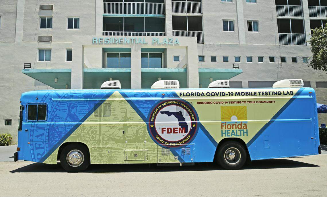 The COVID-19 testing mobile lab operated by StatLab Mobile stops at the Residential Plaza for Elderly at Blue Lagoon, at 5617 NW Seventh St. in Miami, on May 7, 2020.