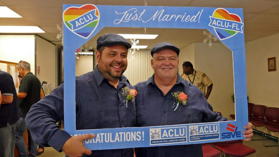 Edgard Perez and Charles Windham get married in the Clerk’s office, 140 West Flagler, on the first full day of gay marriage in Florida Tuesday Jan 6, 2015.