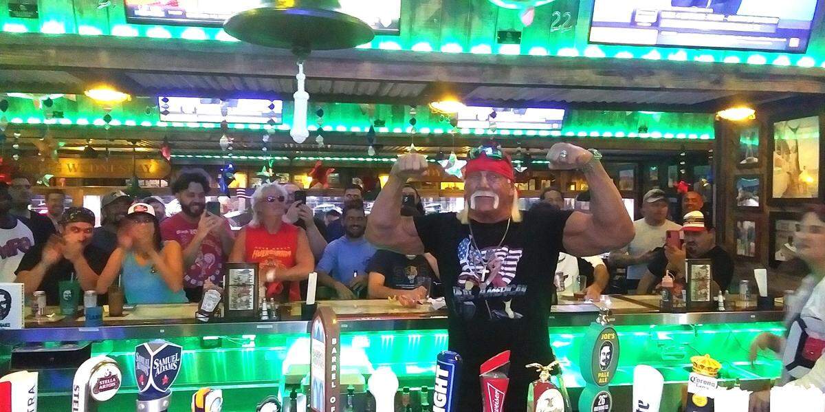 Hulk Hogan in South Florida in June 2024 at Flanigan’s Seafood Bar and Grill in Hollywood to promote his Real American Beer.