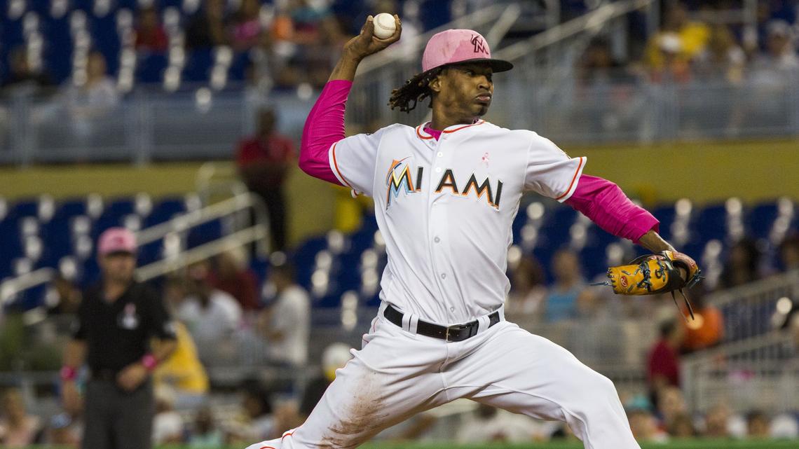 Miami Marlins pitcher José Ureña delivers a pitch during the first inning of a baseball game against the Atlanta Braves, Sunday, May 13, 2018, in Miami, FL.