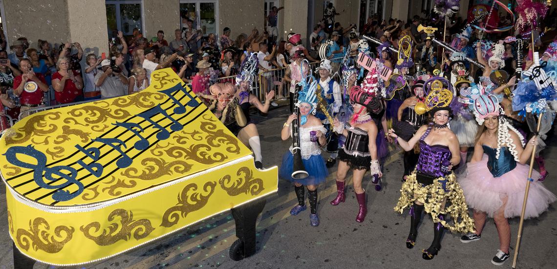 Costumed revelers representing Mozart’s orchestra make their way down Duval Street during the “In Tune But ... Off Key”-themed Fantasy Fest Parade Saturday, Oct. 26, 2019, in Key West, Fla. The extravaganza of floats and costumed marching groups was the highlight event of the 10-day Fantasy Fest costuming and masking festival that ends Sunday, Oct. 27. FOR EDITORIAL USE ONLY (Florida Keys News Bureau)