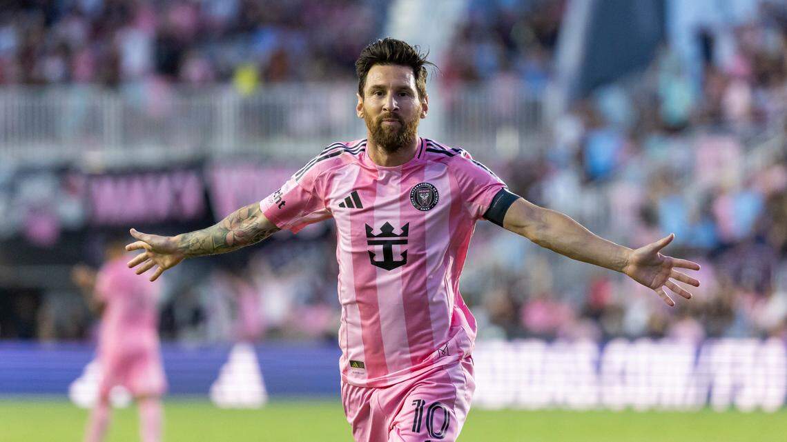 Inter Miami forward Lionel Messi (10) celebrates after scoring a goal against Nashville SC in the first half of their MLS match at Chase Stadium on Saturday, July 12, 2025, in Fort Lauderdale, Fla.