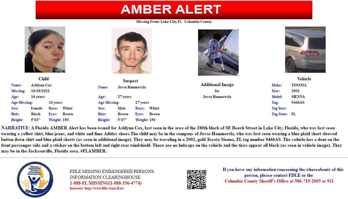 A Florida Amber Alert was issued for 16-year-old Ashlynn Cox Thursday afternoon. Authorities she may be in Jacksonville with a Jesse Hammersla, 27.