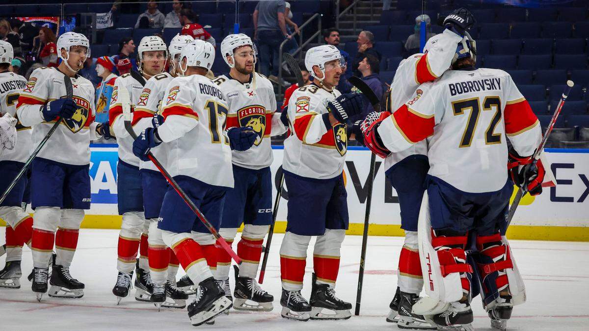 Florida Panthers celebrate their 6-2 win over the Tampa Bay Lightning in Game 1 in the first round of the Stanley Cup Playoffs Tuesday, April 22, 2025 in Tampa.