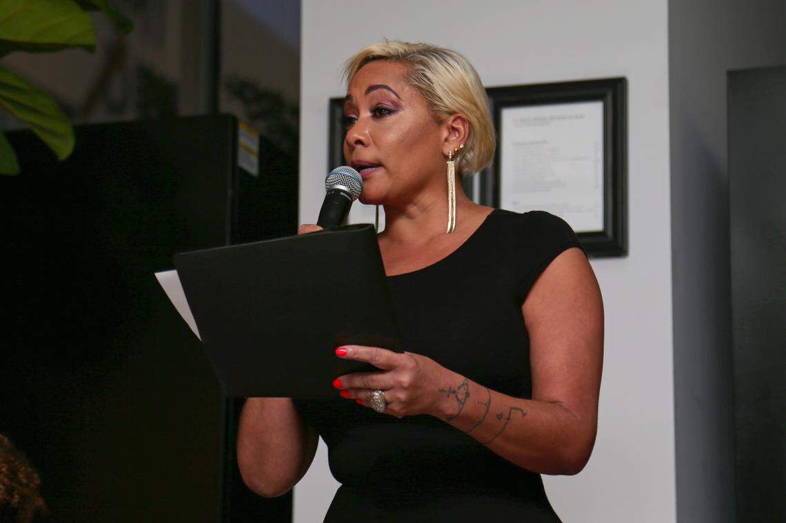 Panel moderator Seanne N. Murray gives an opening remark during a panel a discussion panel about possible solutions to raising kids healthy in South Florida at St. Roch Market Miami in the Design District, on Tuesday, September 10, 2019.